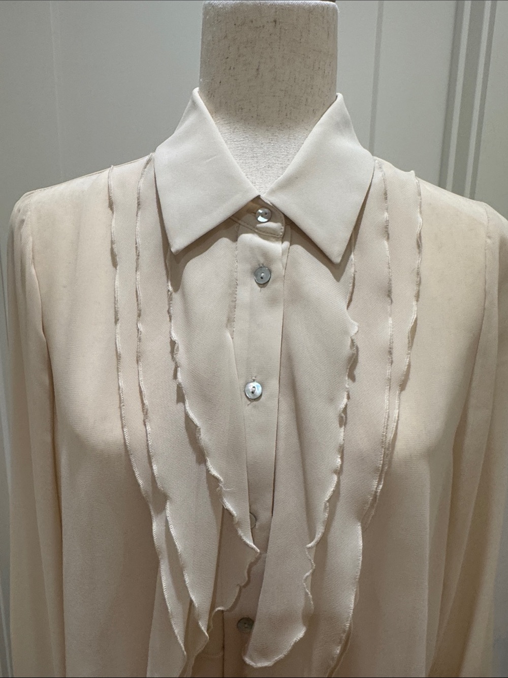 Zara Sheer Beige-Cream Ruffle-Front Blouse - Picture 2 of 5